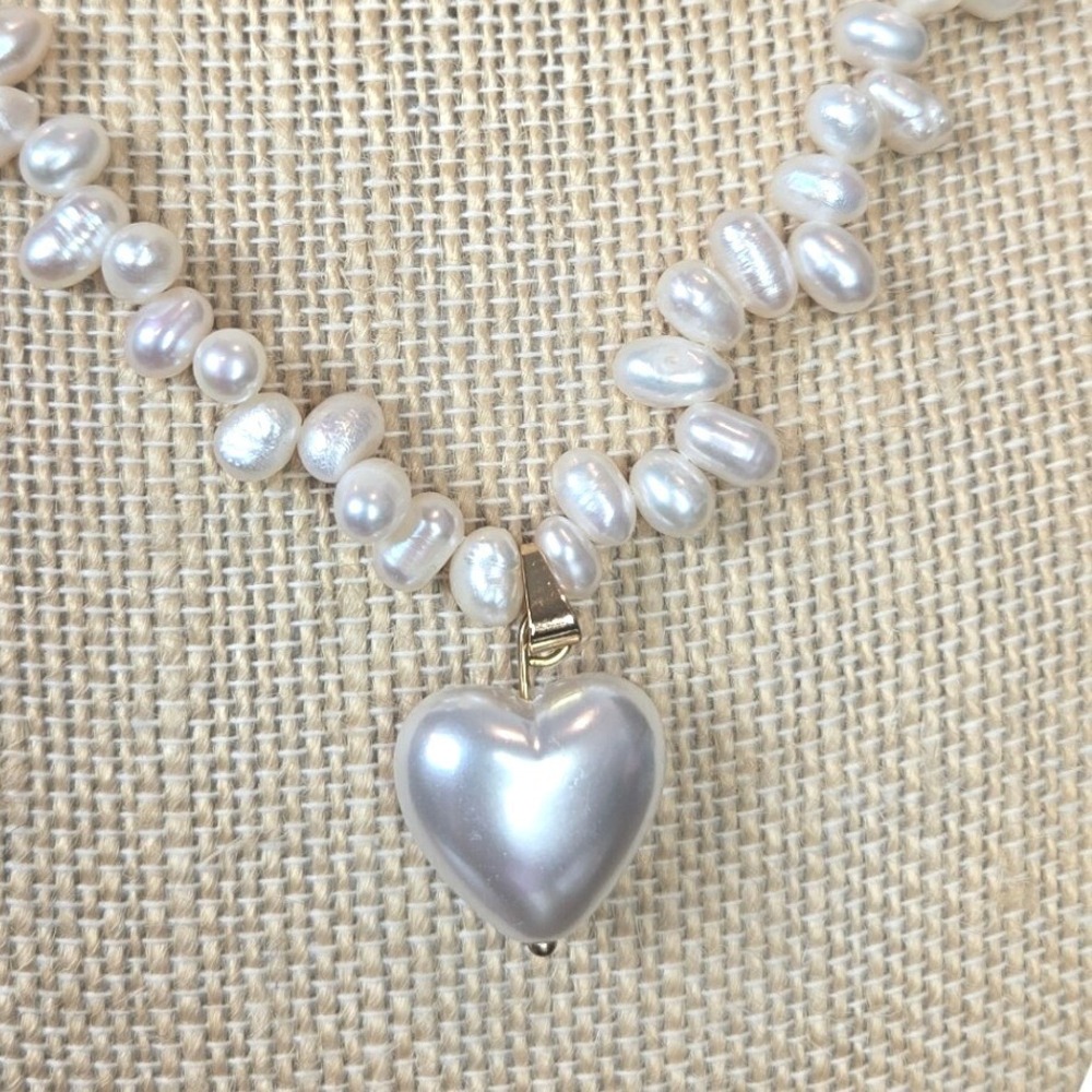 White Freshwater Pearl Necklace Large Heart Pendant Gold Tone Bridal Wedding